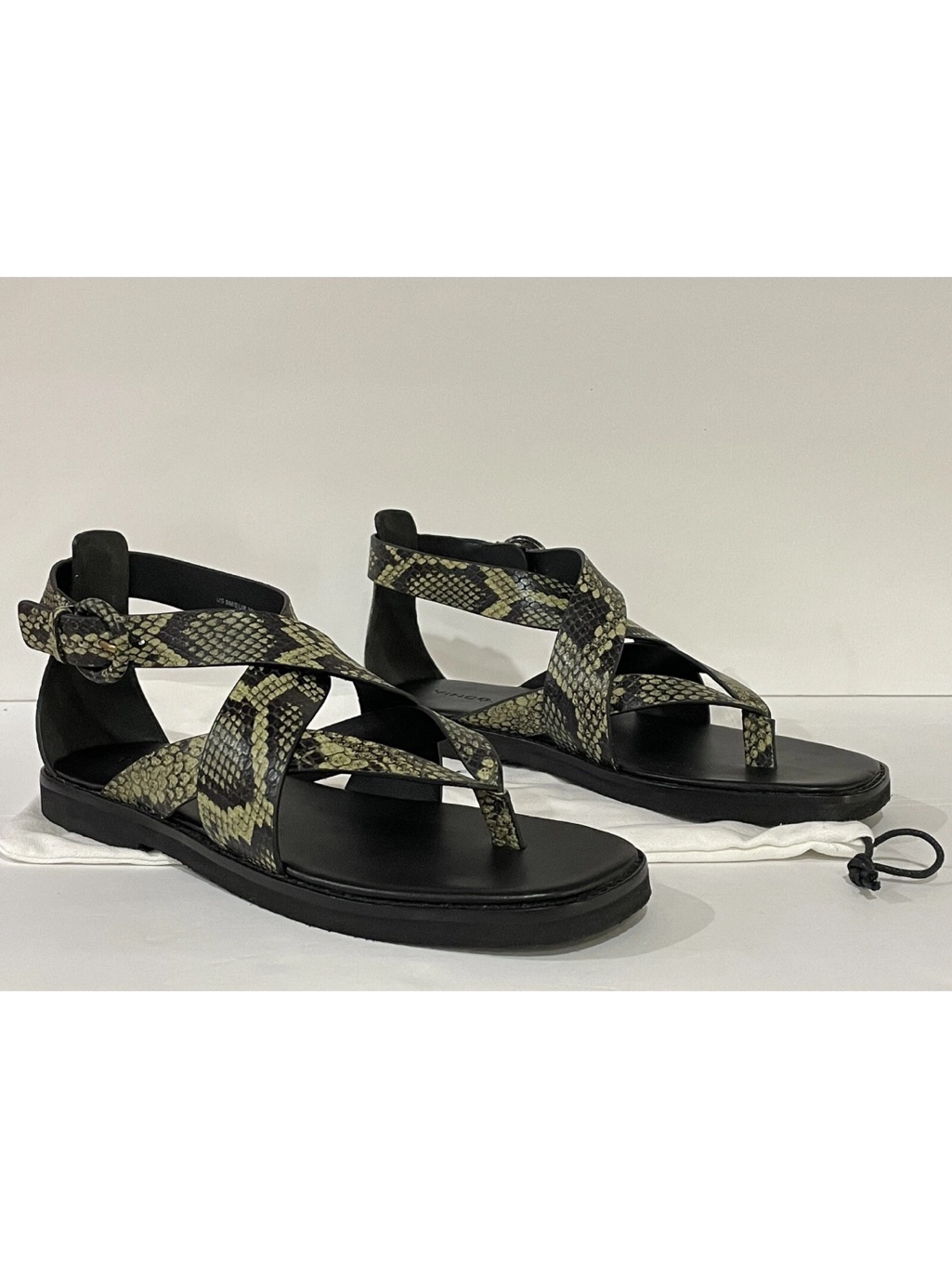 Vince Black Sandals With Olive Snake-Print Straps